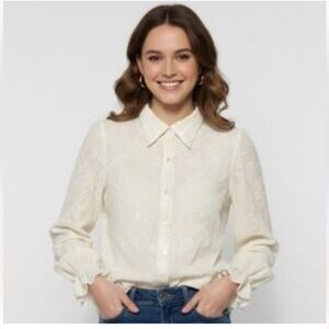 Rihoas Embroidered Blouse with Ruffle Collar and Cuff Details(NWT)